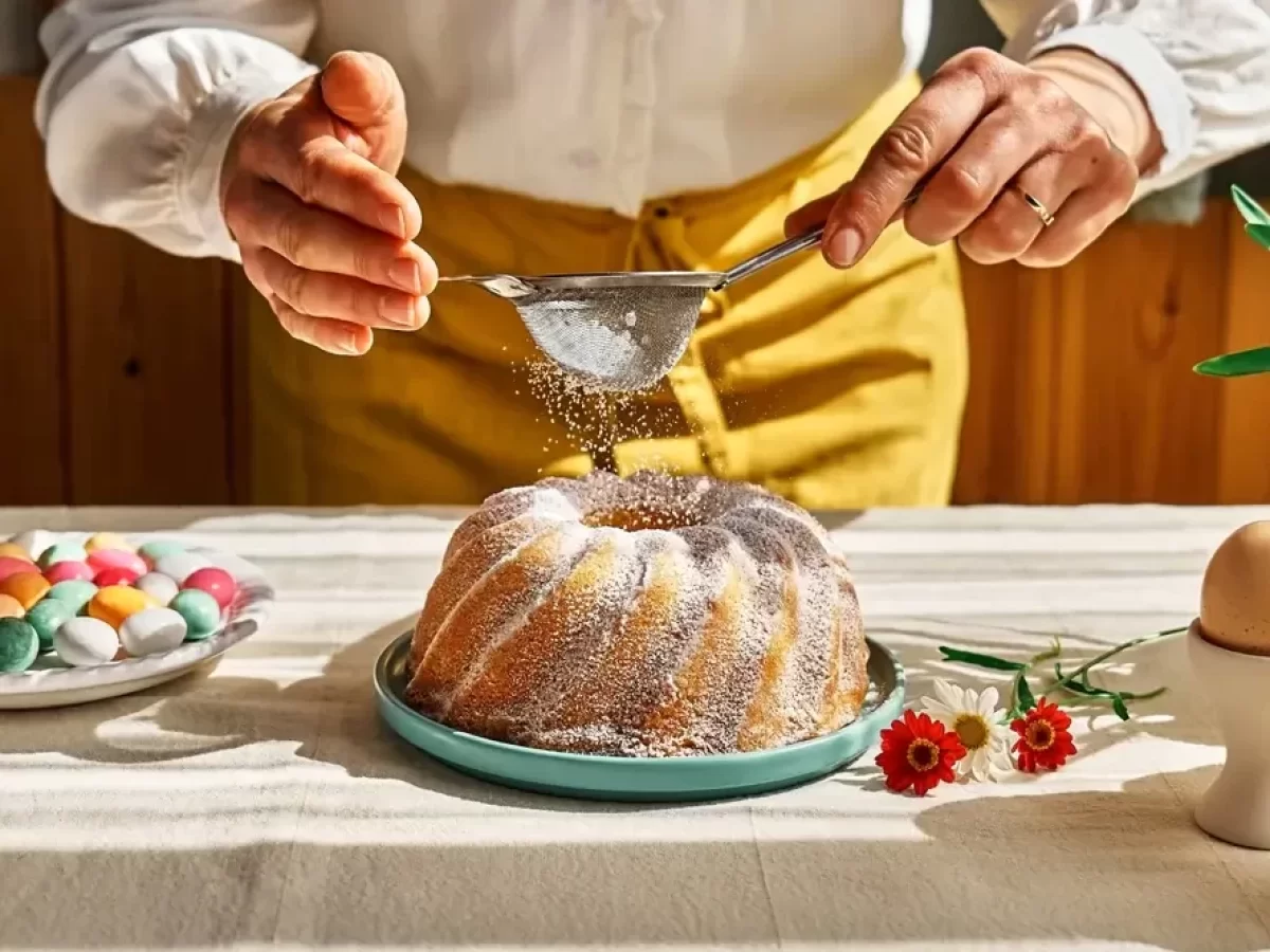 Žena cukřenku a cukří bábovku.