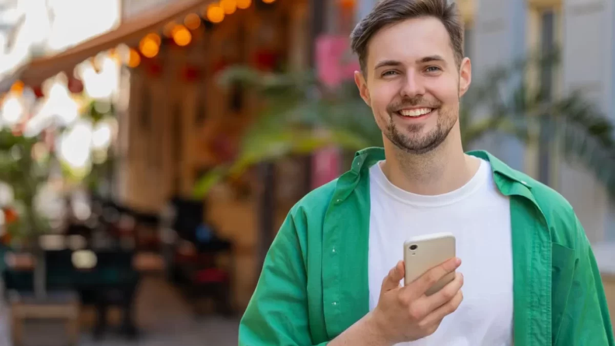 Muž drží mobil