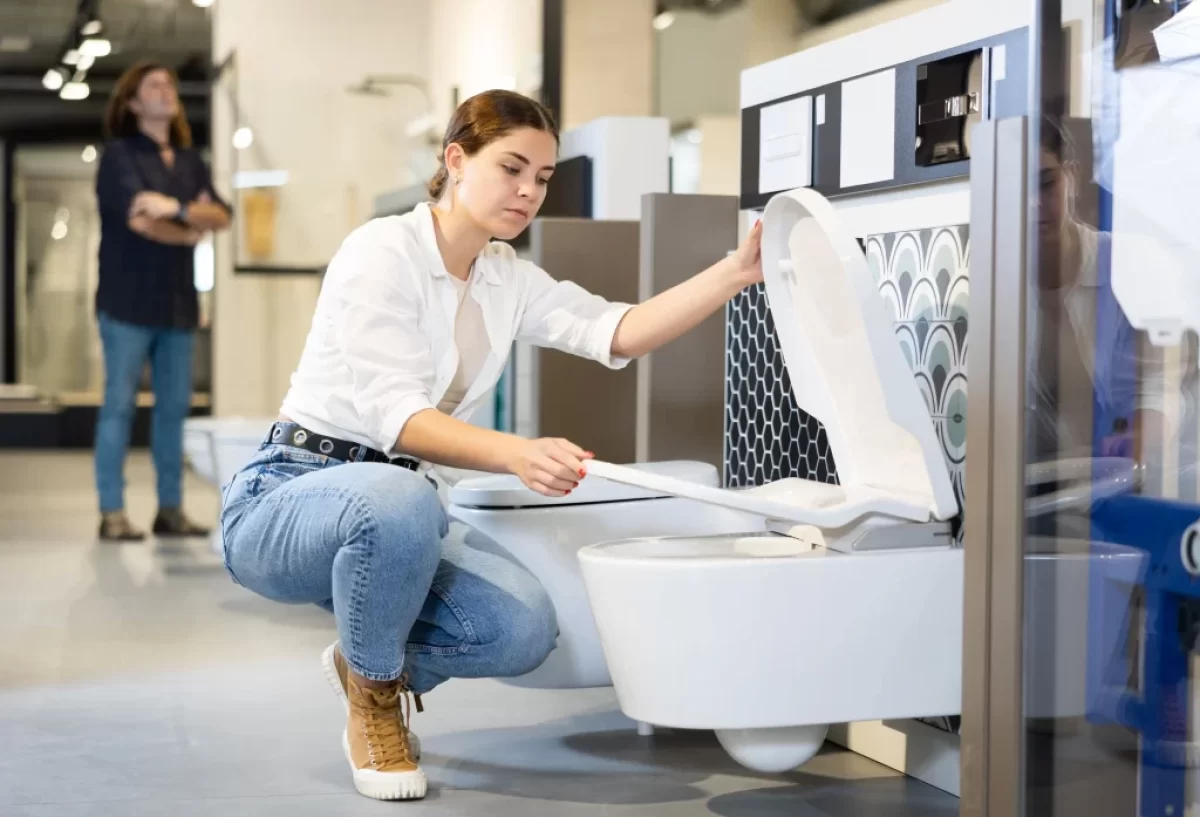 Žena, která si v obchodě vybírá toaletní prkénko
