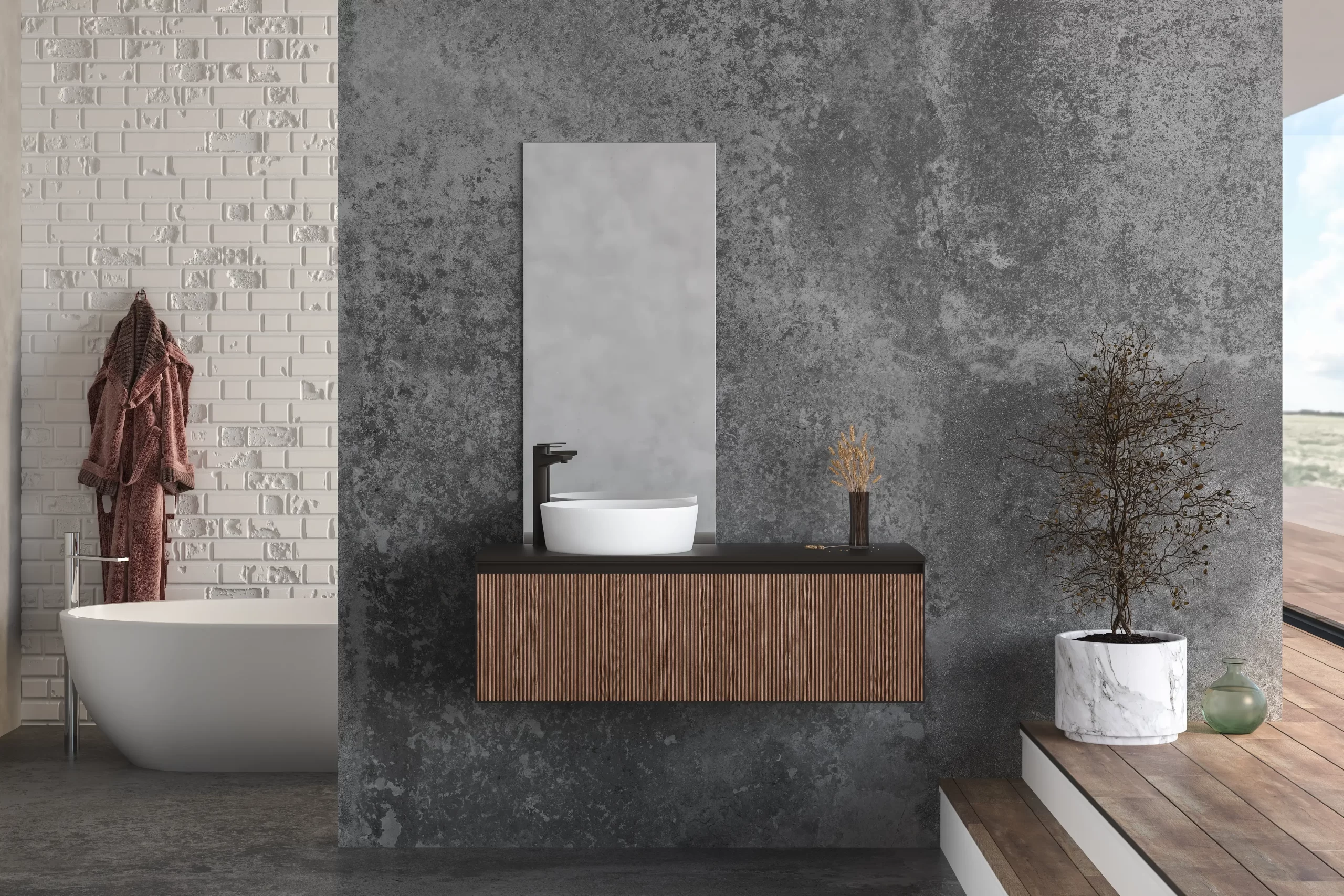 - Techsvět Koupelna, která kombinuje design dřeva a betonu.