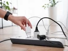 ruka zapojuje kabely do prodlužovací zásuvky