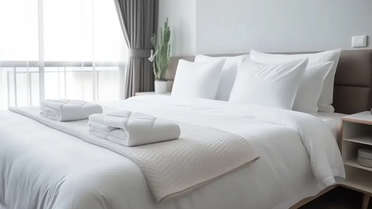 bílé ručníky na posteli v hotelu