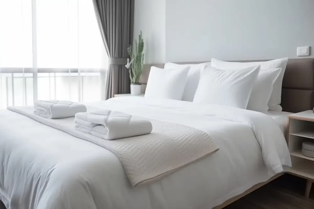 bílé ručníky na posteli v hotelu