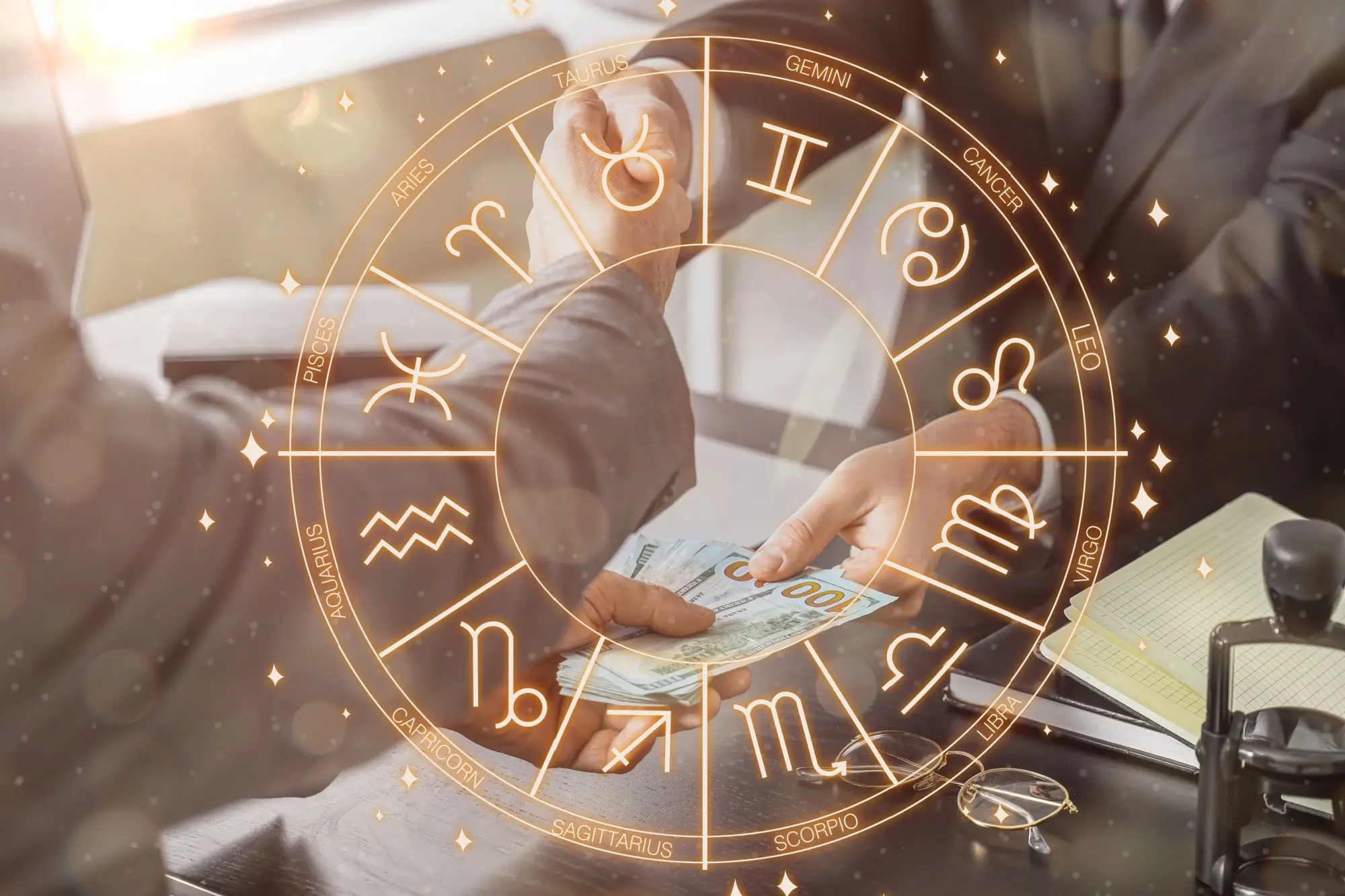 horoskop, kolega podává peníze druhému kolegovi