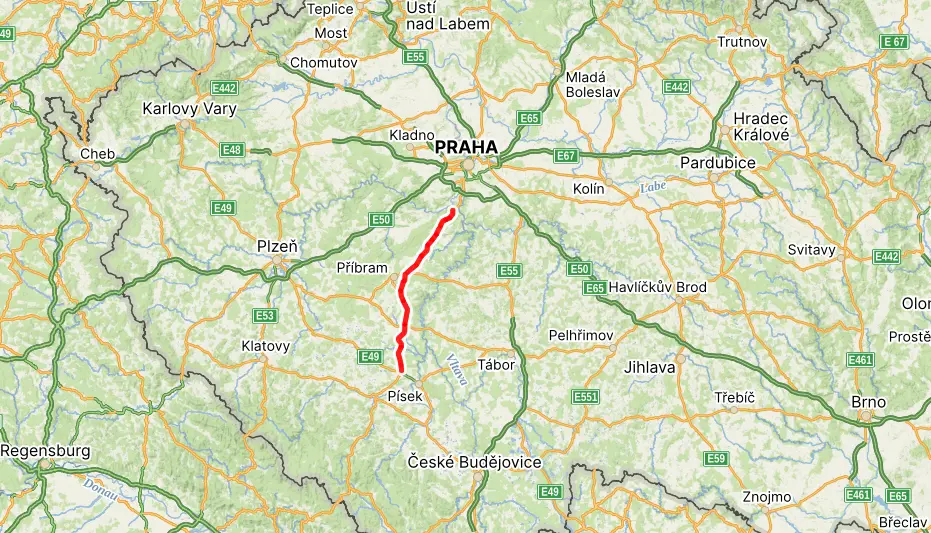 Nová část dálnice vede z Příbrami do Písku. Zdroj: Mapy.cz - Techsvět mapa dálnice D4
