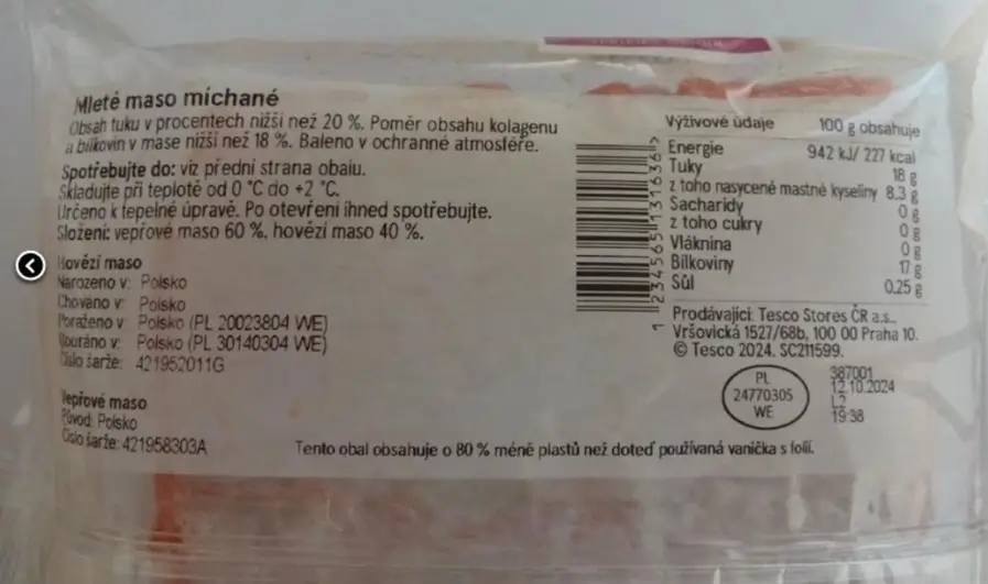 mlete-maso_Tesco_etiketa - Techsvět Maso kontaminované bakterií salmonela