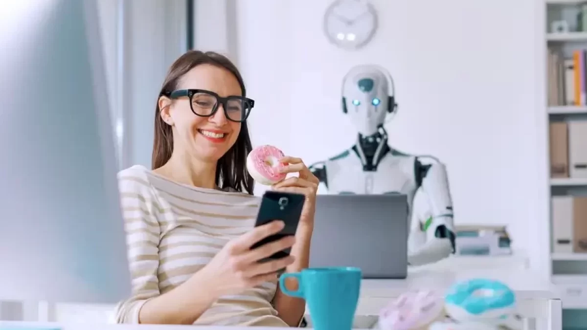 Šťastná žena jí koblih a kouká do mobilu