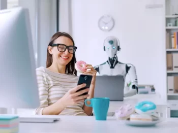 Šťastná žena jí koblih a kouká do mobilu