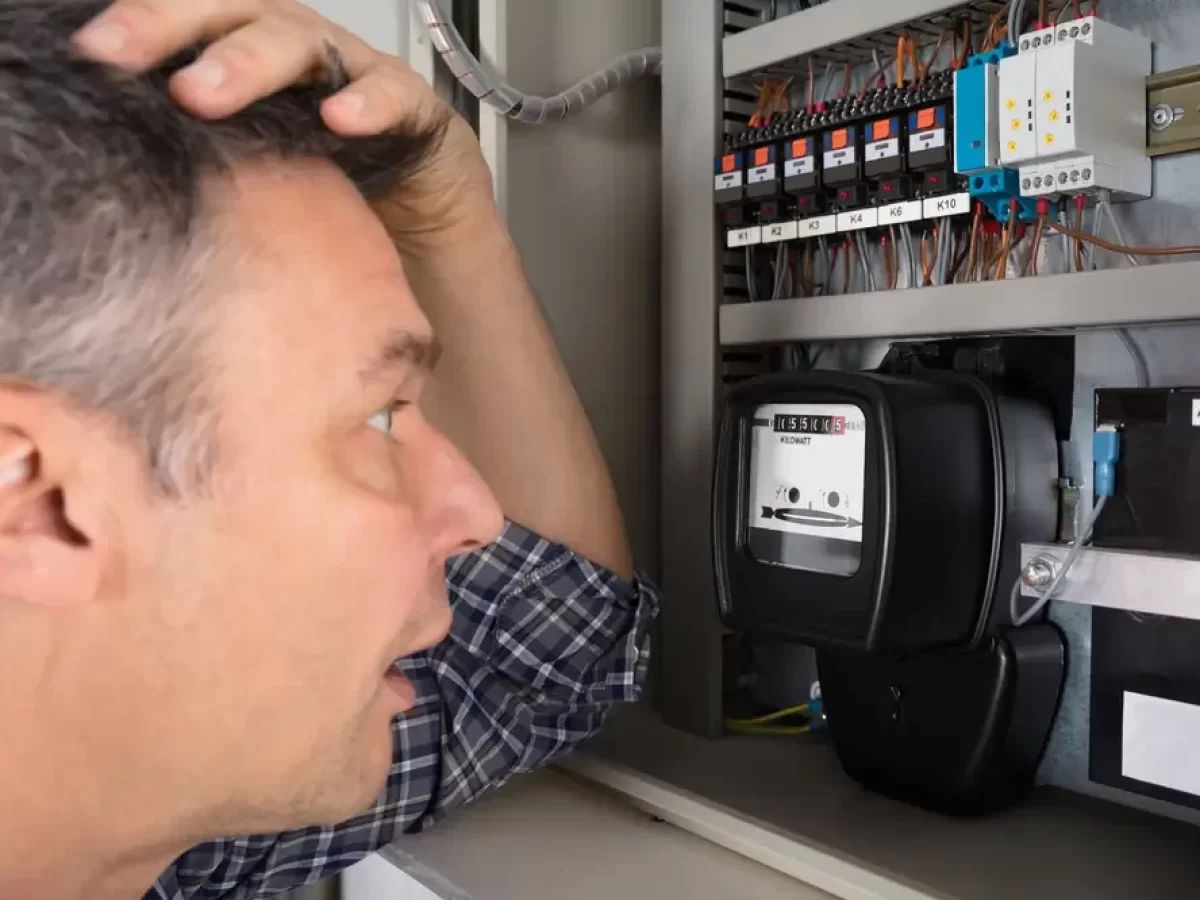 Muž divící se nad spotřebou elektřiny u měřáku