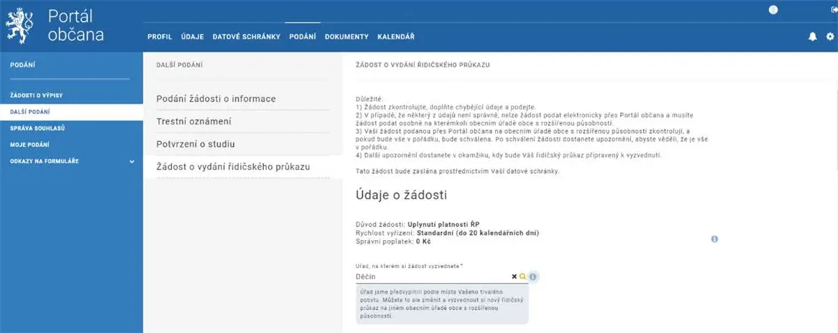 Portál občana se žádostí o řidičský průkaz