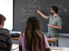 Profesor učí a stojí u tabule