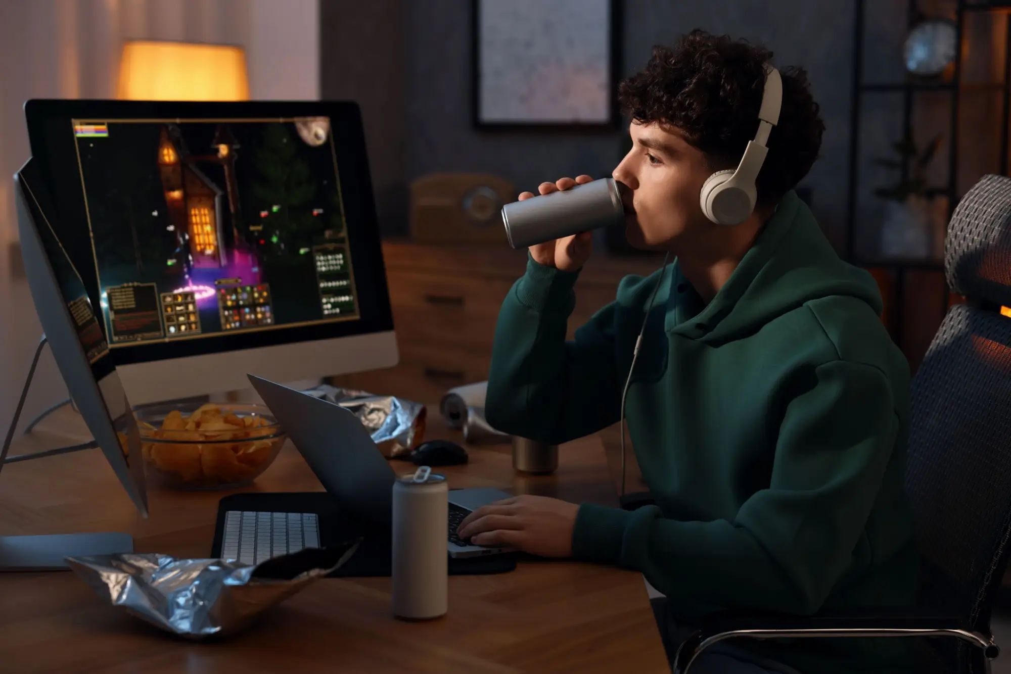 teenager s energy drinkem u počítače
