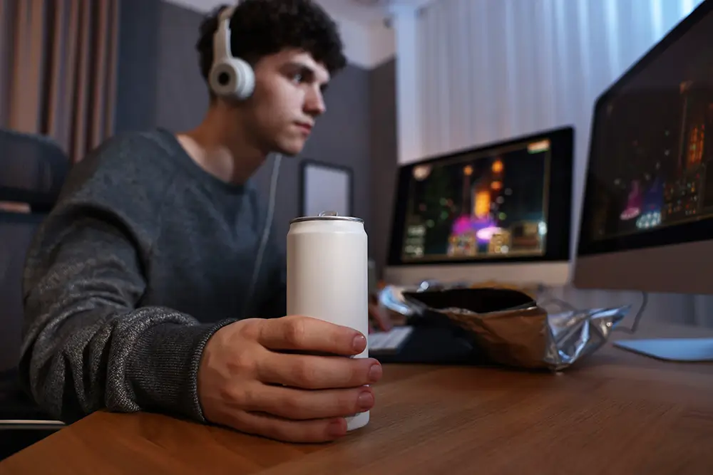 Obvyklý obsah v energetických nápojích se pohybuje mezi 80–150 mg ve čtvrtlitrové plechovce. - Techsvět kluk u počítače s plechovkou energy drinku