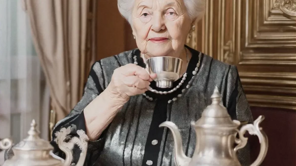 Postarší žena pije z čajového servisu.