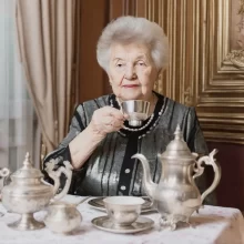 Postarší žena pije z čajového servisu.