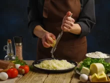 Žena strouhá sýr na ručním struhadle