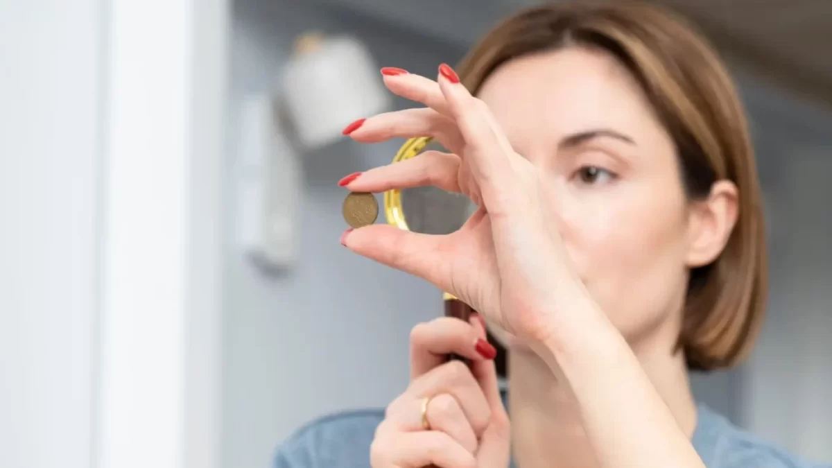 žena zkoumá lupou minci