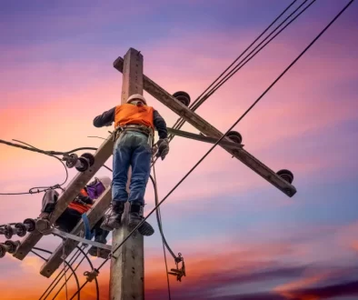 Elektrikář na sloupu vysokého vedení při západu slunce