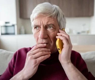 Starší muž, který drží mobilní telefon u ucha a vypadá znepokojeně.