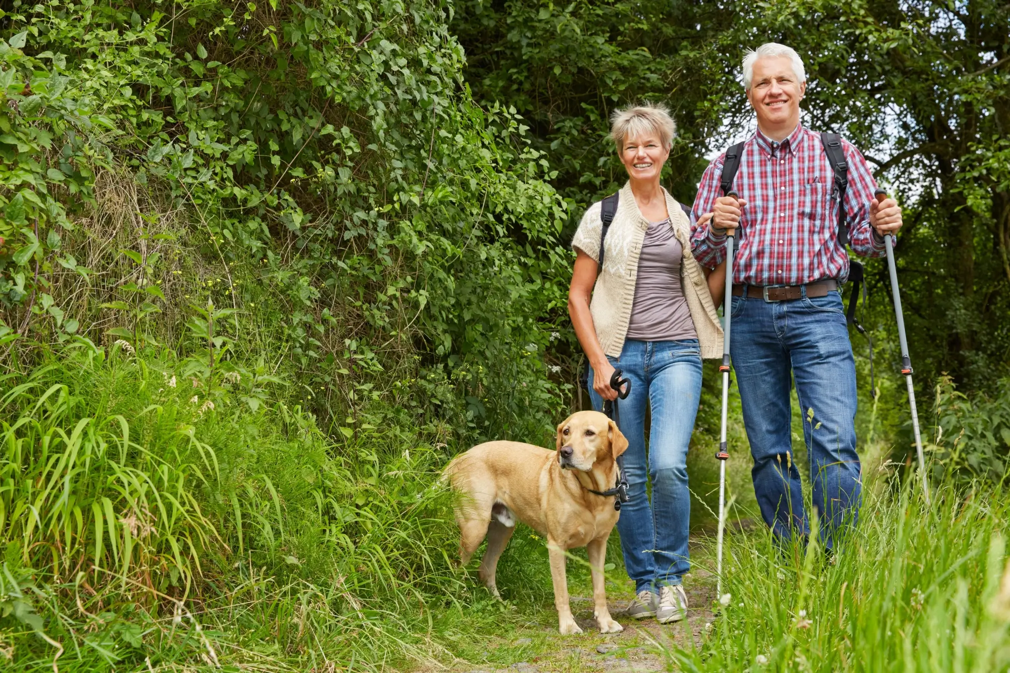 Starší pár na procházce v přírodě. Muž a žena kráčí po lesní cestě, mají batohy a nordic walkingové hole. Žena vede na vodítku světlého labradora. Všichni