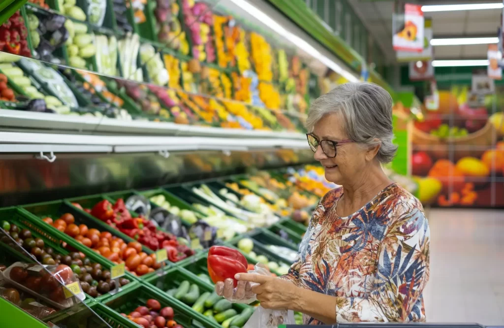 seniorka v supermarketu nakupuje zeleninu