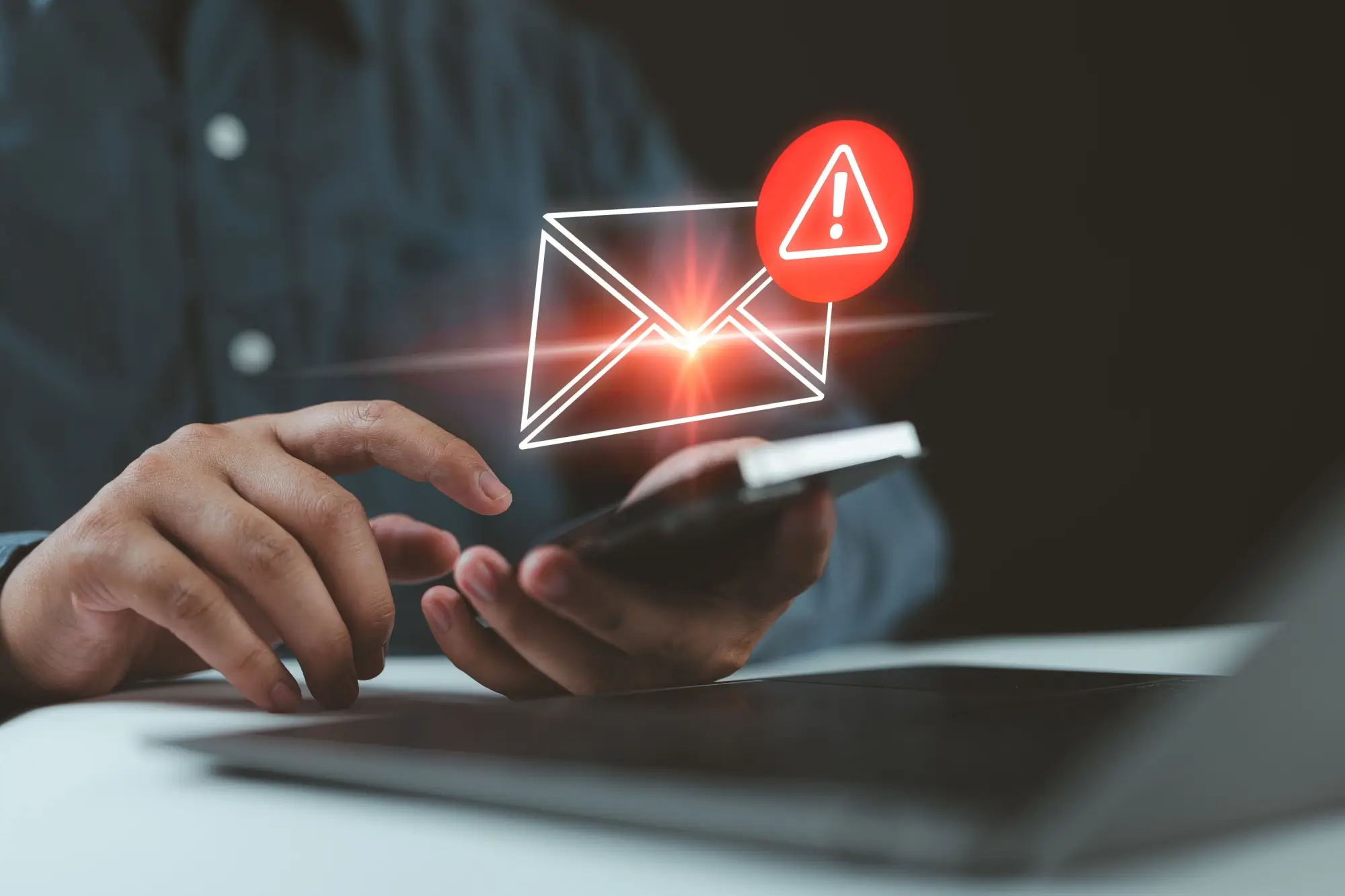 Muž drží chytrý telefon. Nad displejem je digitálně vložená ikona obálky s varovným vykřičníkem, což symbolizuje nebezpečnou nebo podezřelou zprávu.