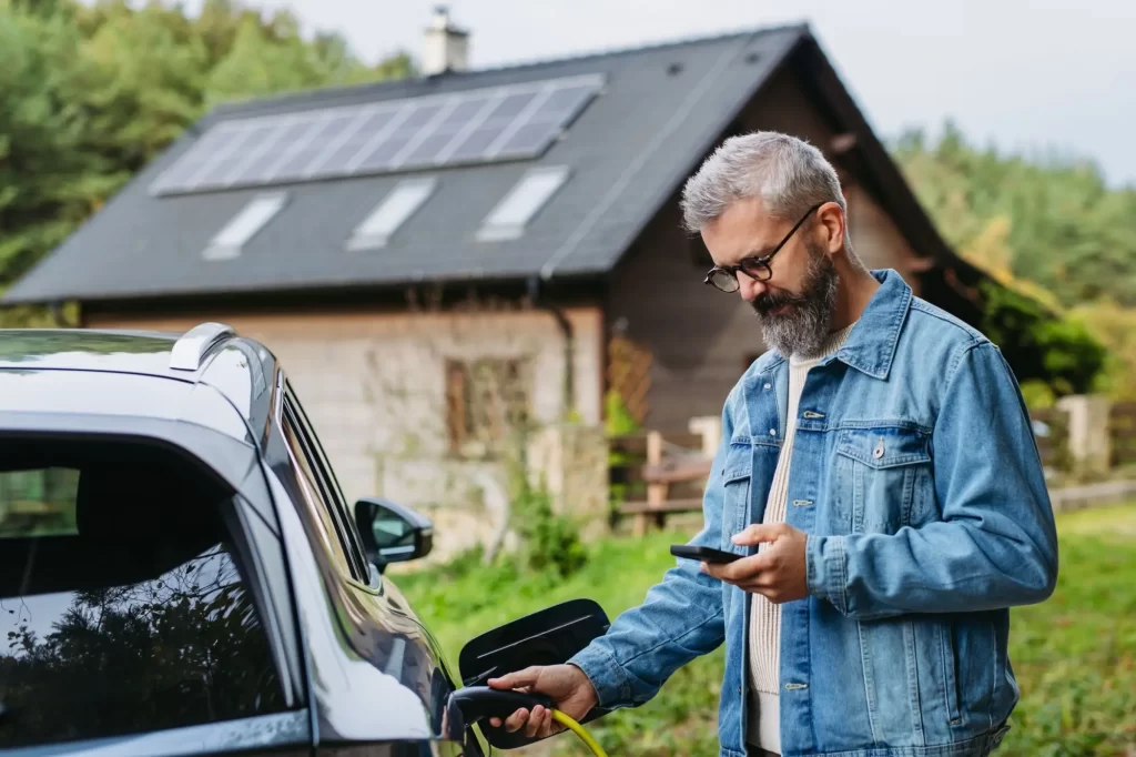 sol2 - Techsvět Muž nabíjí elektromobil, za ním dům se solárními panely na střeše.