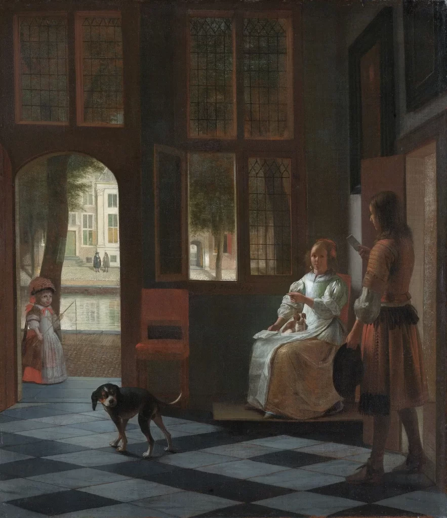 Man_hands_a_letter_to_a_woman_in_a_hall_by_Pieter_de_Hooch - Techsvět obraz s popisem muž podávající dopis ženě ve vstupní hale domu