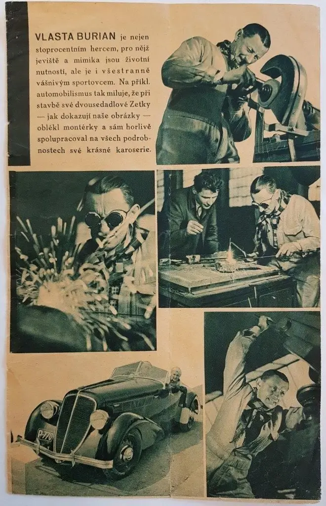 Na dobové reklamě je vidět, jak Vlasta Burian na Zetku mění blatník. - Techsvět Vlasta Burian reklama