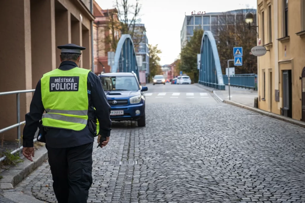 car3 - Techsvět městský strážník v reflexní vestě s nápisem „MĚSTSKÁ POLICIE“ kráčí po dlážděné ulici směrem k zaparkovanému vozidlu.