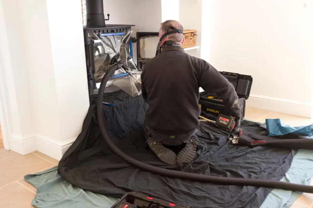 kominík2 - Techsvět Profesionální kominík provádí vnitřní čištění krbových kamen.