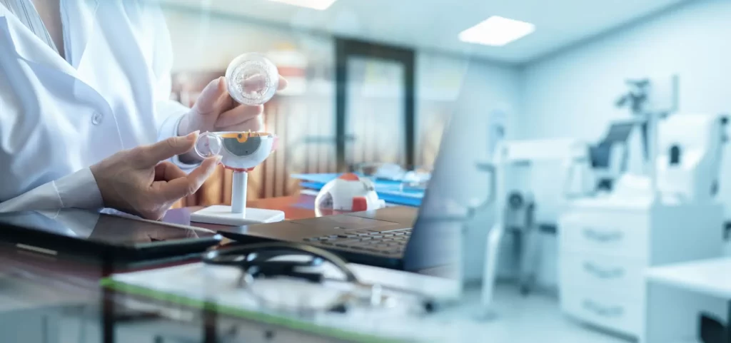 oči3 - Techsvět Lékař drží detailní model lidského oka a názorně ukazuje jeho jednotlivé části.