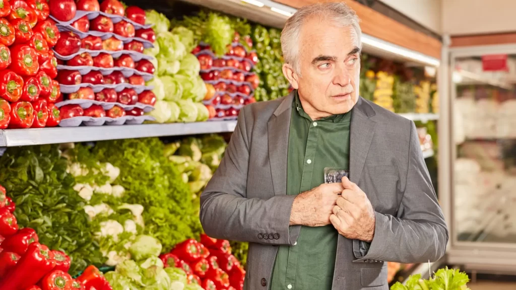 sen3 - Techsvět Starší muž v obleku stojí v uličce se zeleninou a ovocem v supermarketu. Nervózně se rozhlíží a zasouvá malý balíček pod sako.