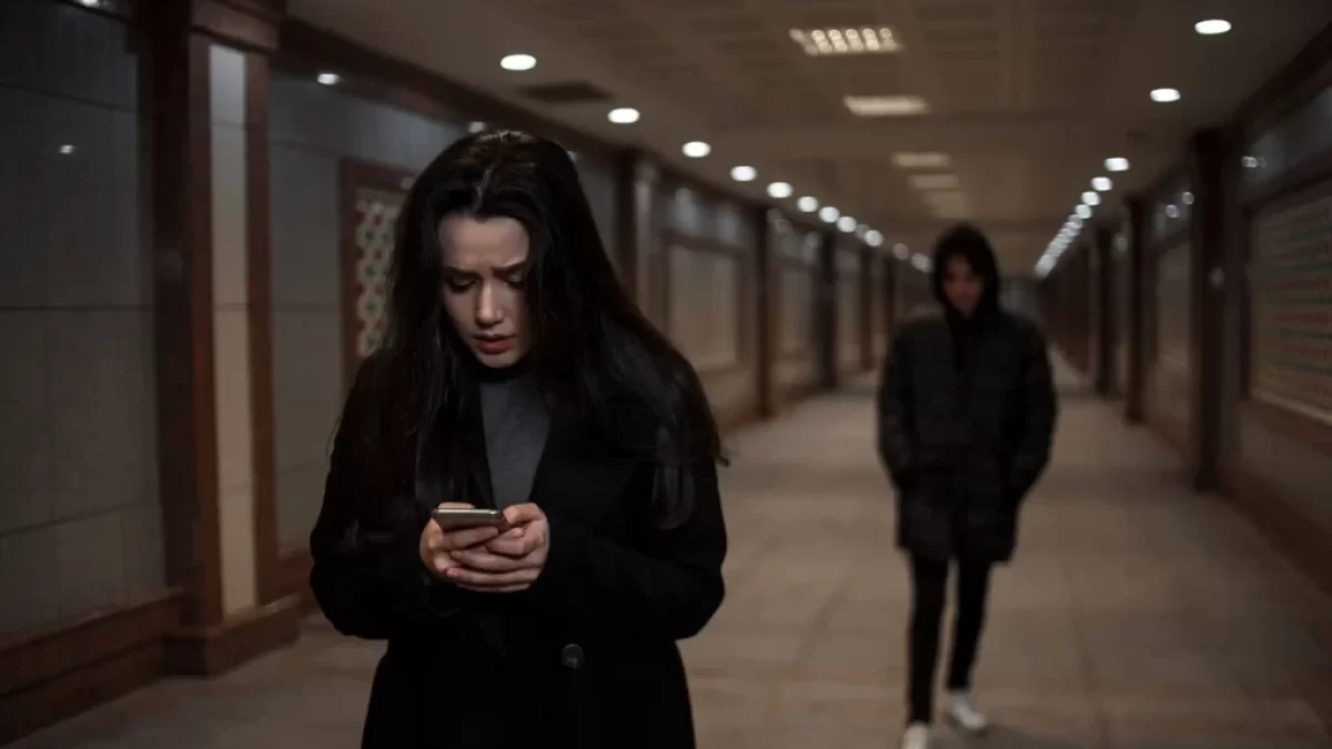 žena pronásledovaná mužem, píše na telefonu