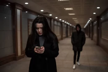 žena pronásledovaná mužem, píše na telefonu