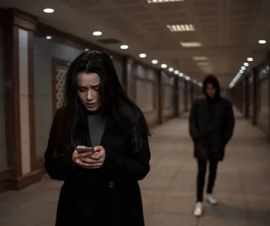 žena pronásledovaná mužem, píše na telefonu