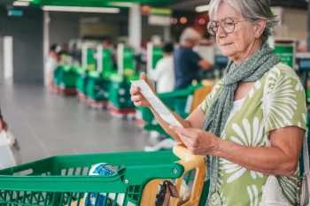 seniorka kontroluje účtenku