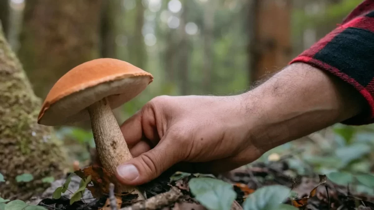 Muž sbírá houby