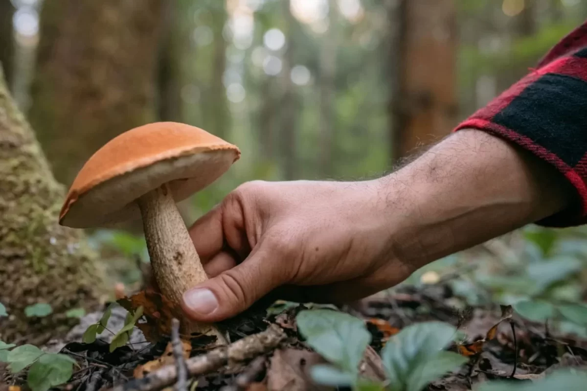 Muž sbírá houby