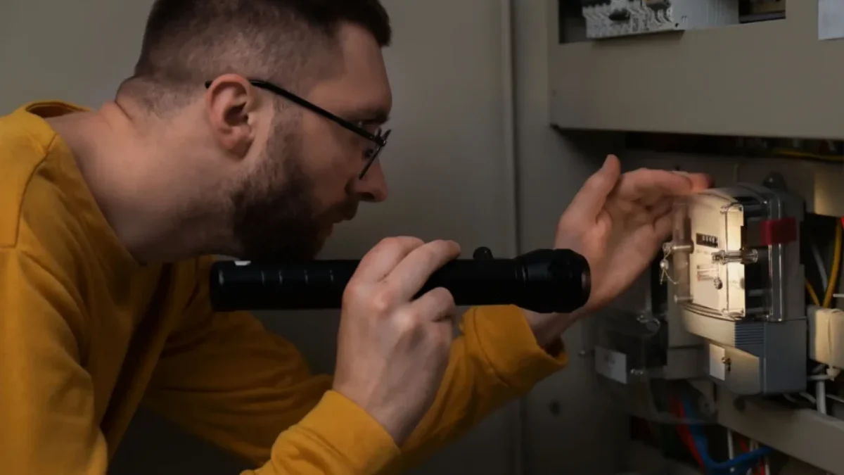 Muž s baterkou kontroluje elektroměr