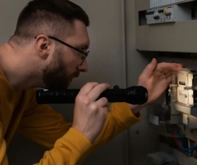 Muž s baterkou kontroluje elektroměr