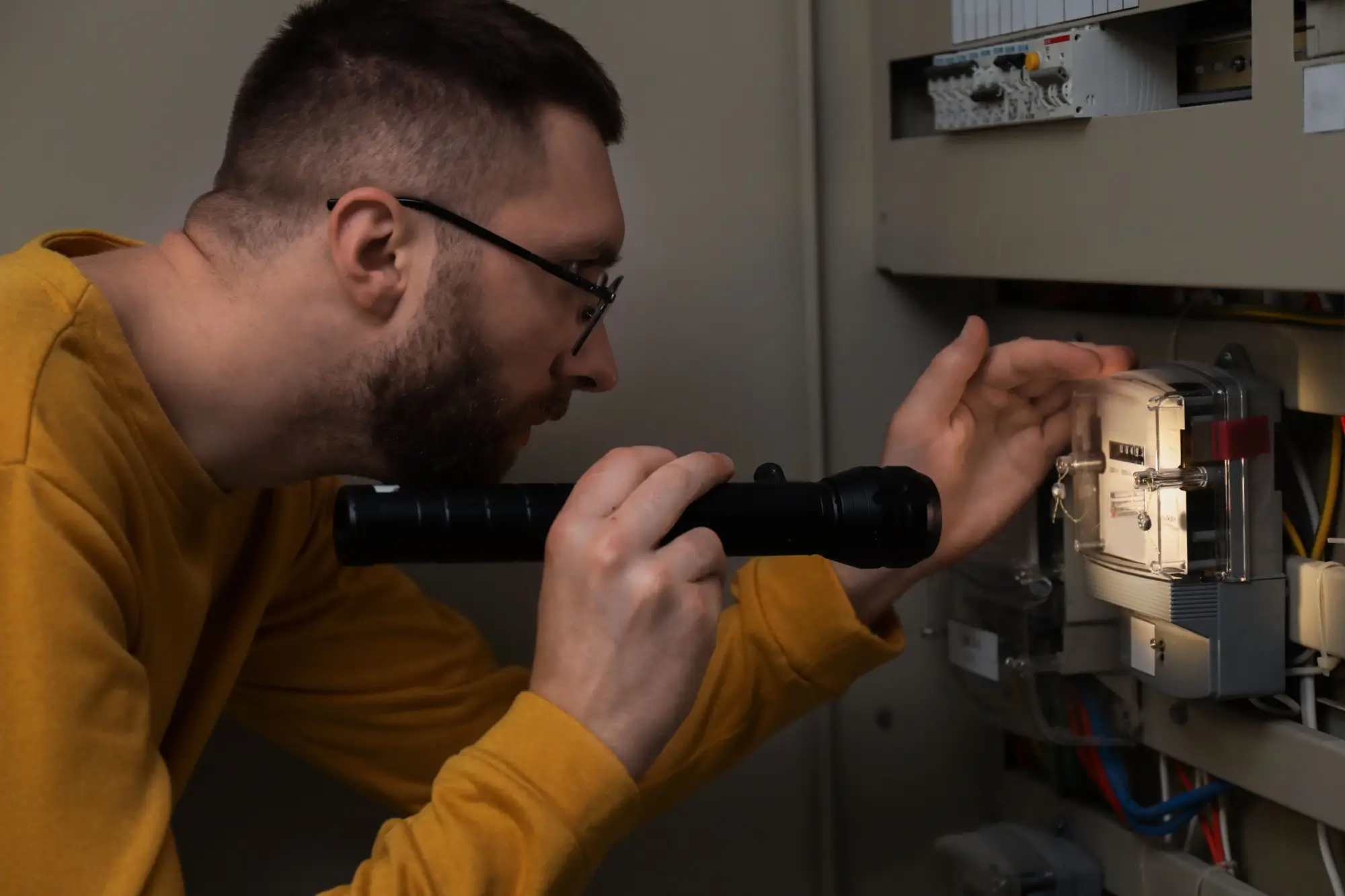 Muž s baterkou kontroluje elektroměr