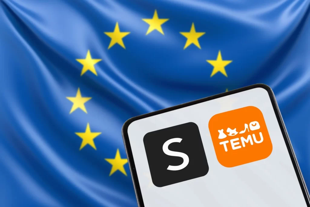 Temu aplikace a vlajka EU v pozadí
