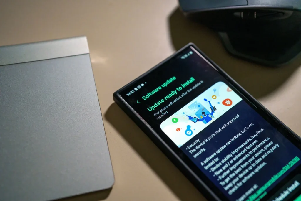 Chytrý telefon Samsung položený na stole vedle notebooku a myši. Na displeji se zobrazuje výzva k instalaci nové aktualizace systému.
