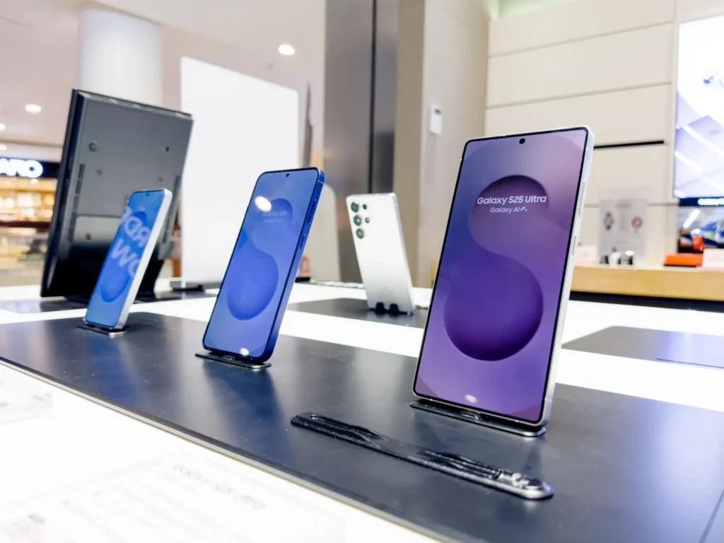 Prodejní pult v obchodě s elektronikou, kde jsou vystaveny různé modely chytrých telefonů Samsung.