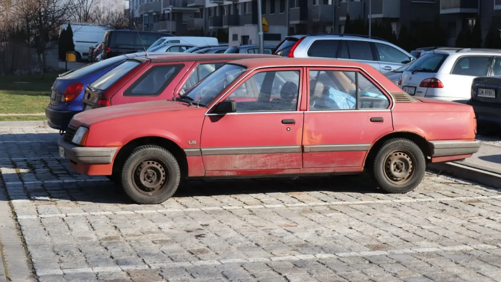 Starší červený sedan zaparkovaný na veřejném parkovišti s kamennou dlažbou. 