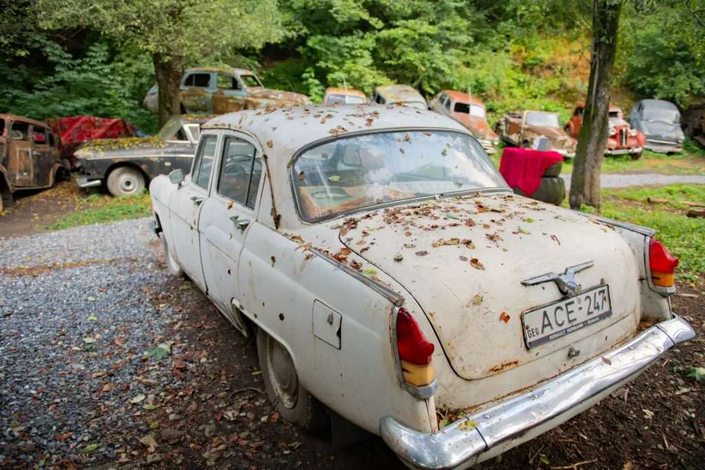 Starý bílý automobil pokrytý spadaným listím, špínou a známkami koroze. 