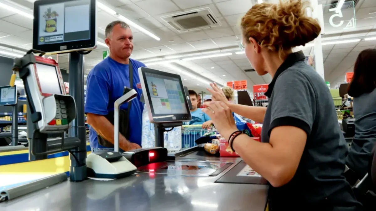 Pokladní a zákazník v supermarketu