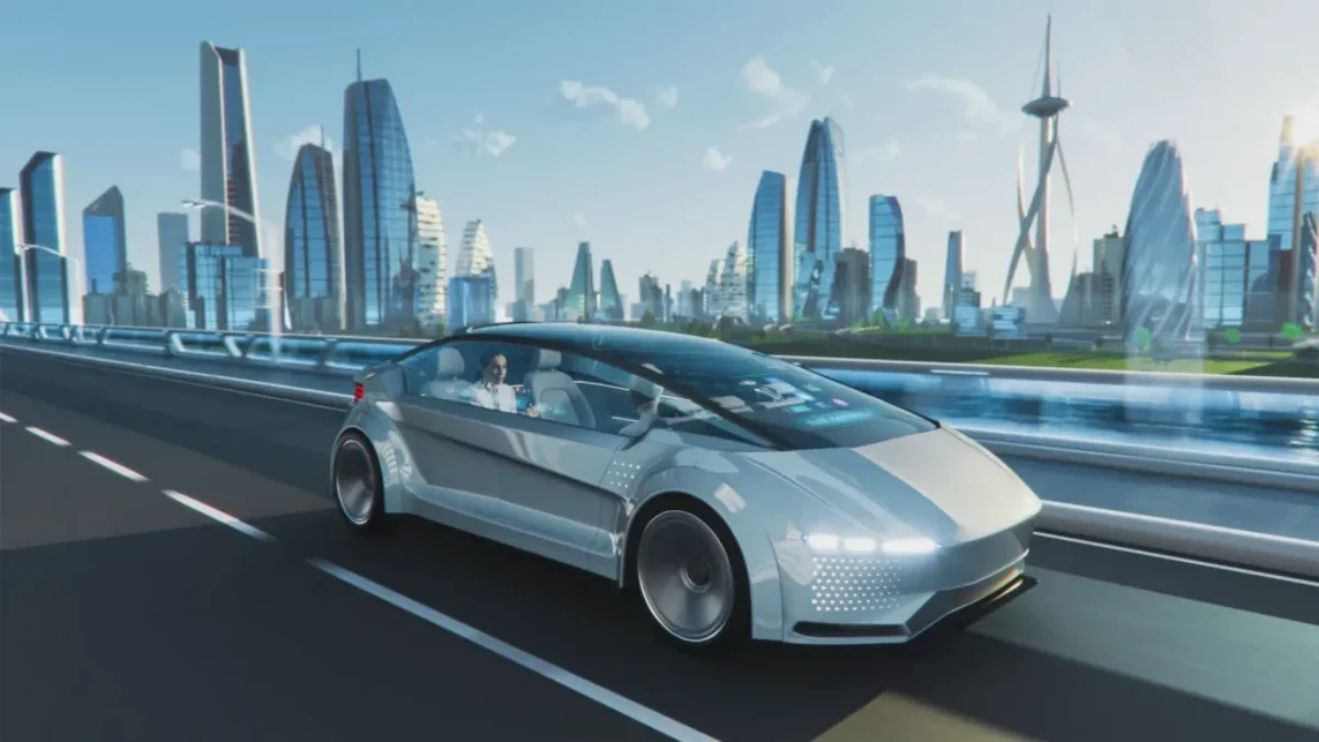 Futuristické samořízené auto jedoucí ve městě budoucnosti