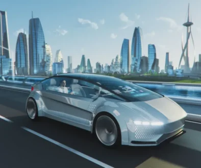 Futuristické samořízené auto jedoucí ve městě budoucnosti